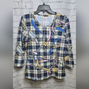 J McLaughlin Blue Equestrian 3/4 Sleeve Belts Chain Top Shirt Large